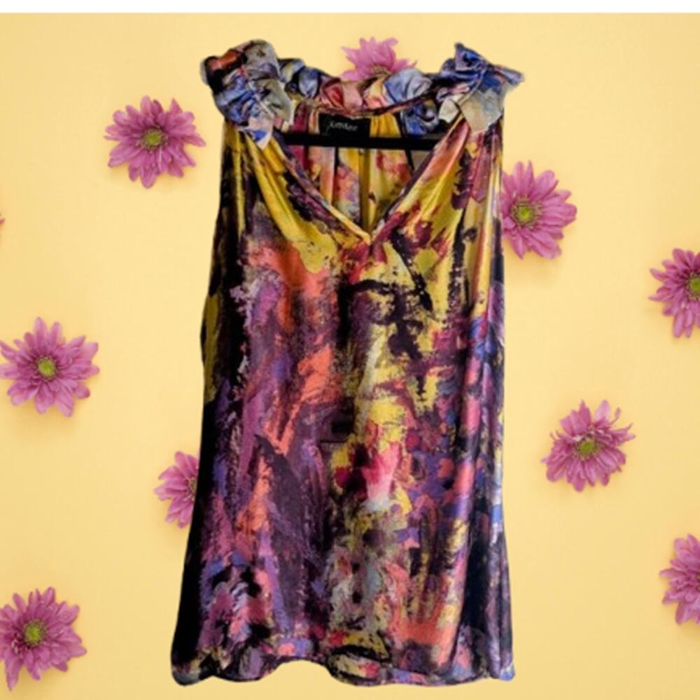 Karen Kane small sleeveless accent should ruffle silk water color woman's blouse